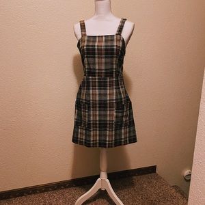Brown plaid mini overall dress! NWT